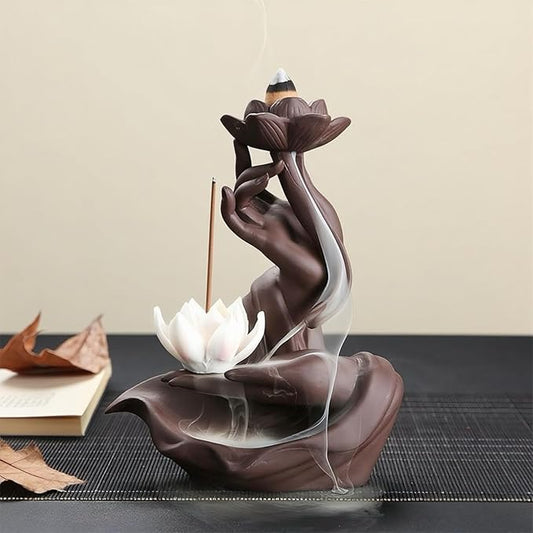 Lotus Backflow Incense Burner– Ceramic Cones Incense Holder with 60 Incense Cones + 30 Sticks + 1 Mat+1 Tweezers | Waterfall Incense Burner & Waterfall Fountain |