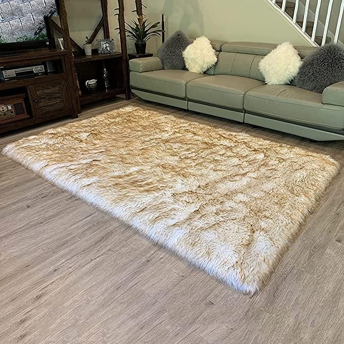 LAMBZY High Pile Super Soft Faux Sheepskin Rug (White/Brown, 3'x5')