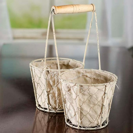 Factory Direct Craft Square White Washed Chicken Wire Double Basket with Natural Linen Liner. for Cottage, Coastal or Farmhouse Home Decor