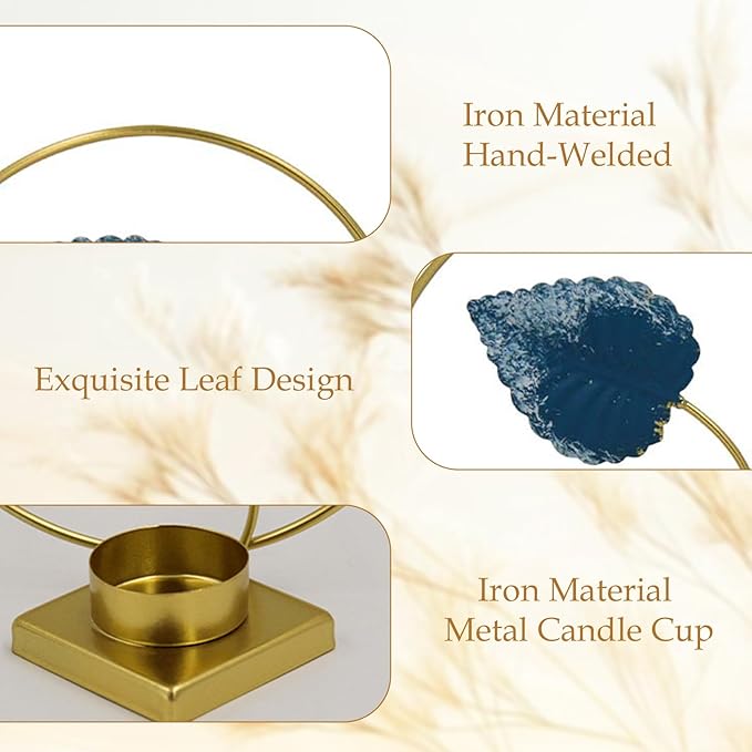 2-Pack Brass Floral Candle Holders – Elegant Leaf Design Tealight Holders for Table Centerpieces, Wedding, Housewarming & Holiday Décor (Green Leaf)