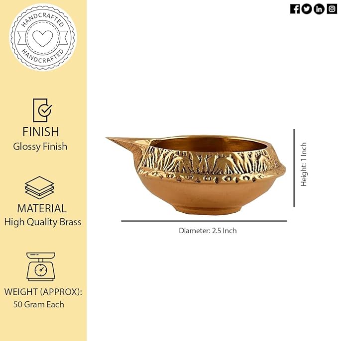Pure Brass Diya for Puja [10 Pc] - Handmade Diyas for Diwali Indian Brass Oil Lamp for Pooja - Kutthu vilakku nilakku Deepam for Diwali Decoration Hashcart®