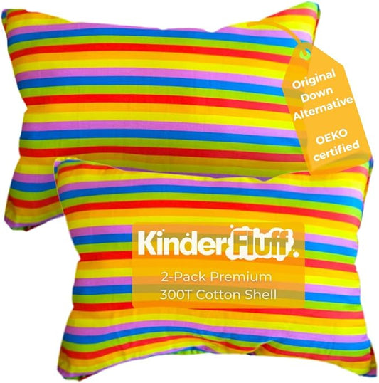 kinder Fluff Toddler Pillow (2Pk) 13x18in – Small Pillow for Kids Age 2+, Bright Rainbow Design, 100% Cotton Sateen Stripe 300T, Down Alternative Fill, Machine Washable, Colourful Kids Cushion - S