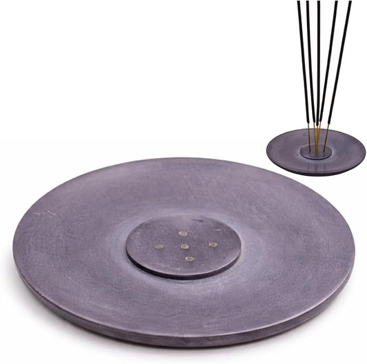 Handmade Natural Grey Marble Incense Stick Holder - Round Incense Burner With Multiple Holes For Incense Sticks. Decorative Ash Catcher For Home and Office Decor. (4 inch Diameter, Grey)
