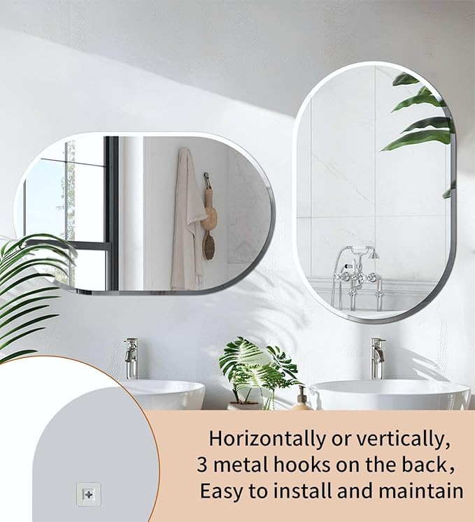 Frameless Oblong Wall Mirror: Decorative Oval Mirrored Glass Vanity with Beveled Silver Edge for Bathroom Bedroom Livingroom Dining Room Entryway Hallway, 40 x 20 inch