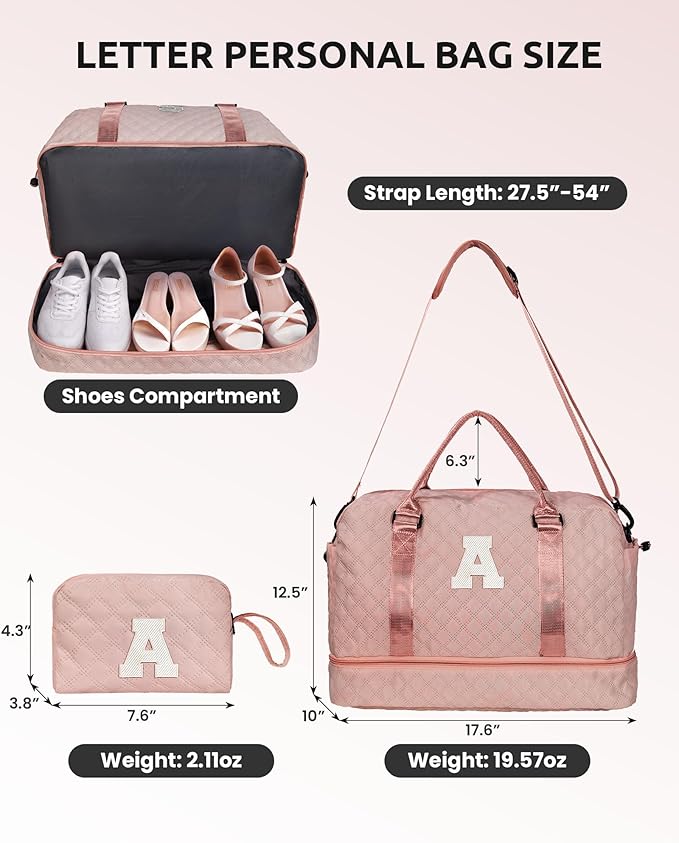 Vogewood Women Gift-Birthday Gifts, Initial Duffle Bags with Shoe Compartment, Girls Weekender Bag, Overnight Tote for Women, Travel Bag with Makeup Pouch (Letter A)