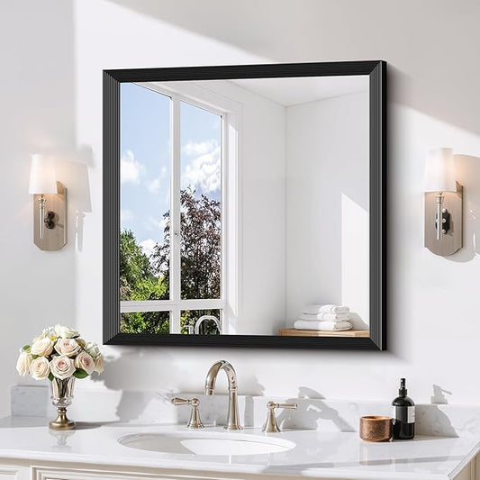 Black Bathroom Mirror 30 x 30 Inch Rectangle Wave Beveled Frame for Wall Bathroom Vanity Mirror for Over Sink, Tempered Glass,for Entryway Hangs, Bathroom Living Room Horizontal or Vertical