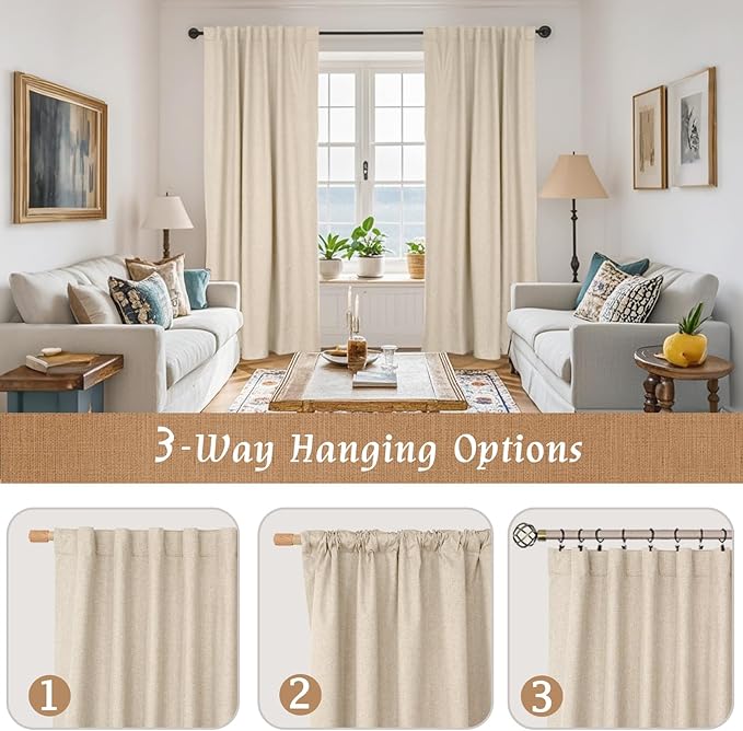 LAMIT Full Blackout Window Curtains for Bedroom, 54 Inches Thermal Farmhouse Curtains Back Tab and Rod Pocket Privacy Protected Burlap Panels with White Liner, 2 Panels, 38 x 54 Inch, Linen