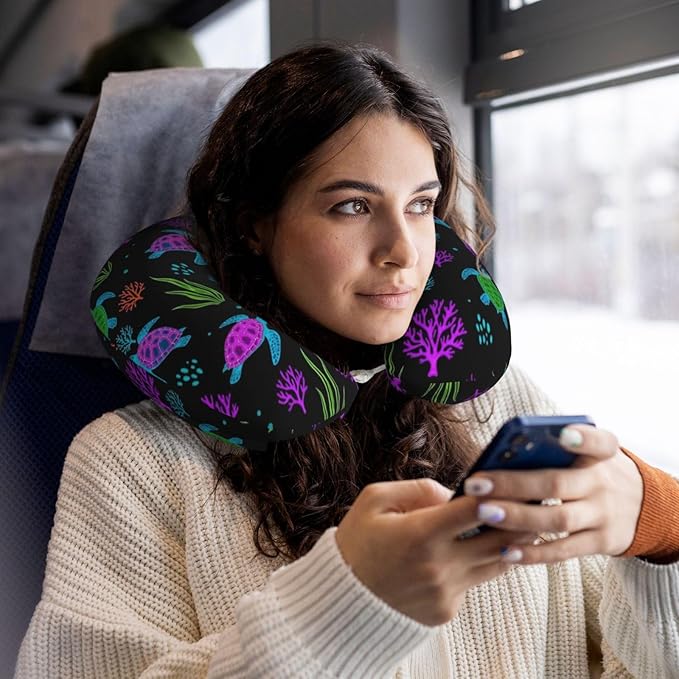 Neck Support Pillow, Comfortable Memory Foam Car/Flight/Airplane Chin Pillows U Shaped Cushion for Office Travel Sleeping Trippy Watercolor Blue Sea Turle