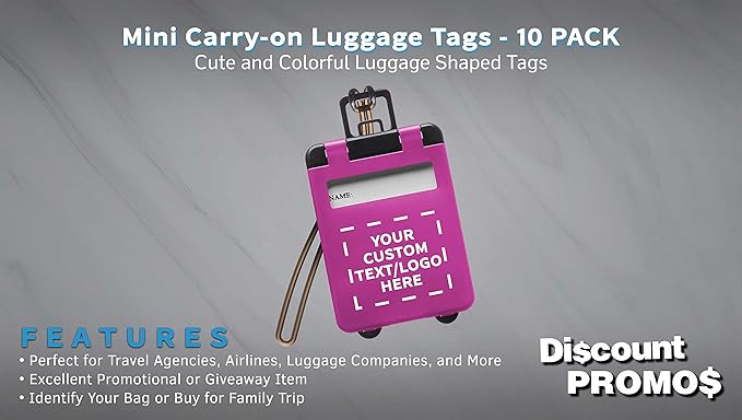 10 Mini Carry-on Luggage Tags Pack - Customizable Text, Logo - Flip Open Cover, ID Sticker - Purple