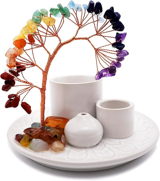 5 in 1 Incense Burner Holder with Crystal Healing Tree, Palo Santo Holder, Sage Holder, Incense Holder for Sticks/Cones/Candles, Ceramic Tray Ash Catcher for Burning Incense, Meditation Gift (White)