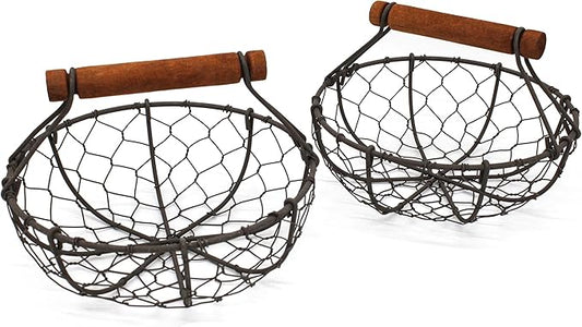 CVHOMEDECO. Chicken Wire Egg Baskets Rust Gathering Baskets with Wooden Handle Country Vintage Style Storage Baskets. Set of 2 (Round)