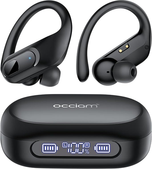 occiam Active Noise Cancelling Wireless Earbuds Bluetooth Headphones Ear Buds 96Hrs Playback Clear Call Waterproof Earphones with Ear Hook Microphones for Sport Running (Black Standard)
