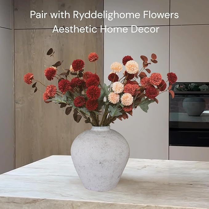 Handemade Large Round Vase for Centerpieces, White Rustic Vase Farmhouse Decor, Distressed Textured for Home Decorations, Earthy Room Decor Aesthetic, Stone Look Ceramic Clay Pottery, 10 inch