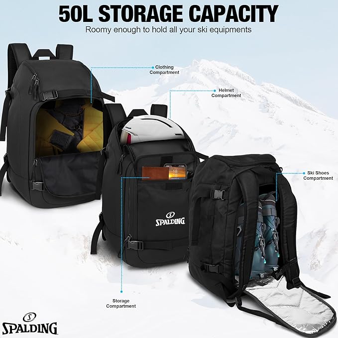 Spalding Ski Boot Bag Backpack | 50L Waterproof Skiing and Snowboarding Travel Bag for Skis Snowboard Helmet Boots & Sports Gear Equipment | Gift for Men and Women