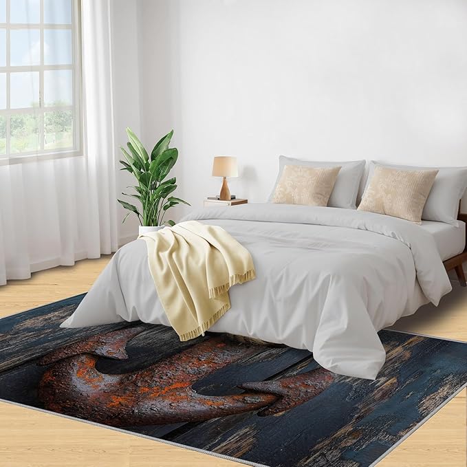 Nautical Anchor 5x6 Area Rugs,Distressed Wood Bedroom Rug Nautical Style Non-Slip Washable Rug for Living Room Nursery Kitchen Low-Pile Carpet