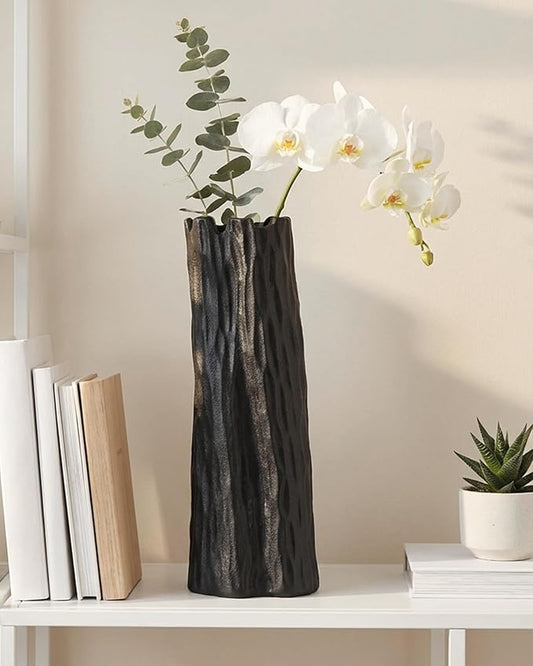 10.7 Inch Matte Black Flower Vase, Organic Nature Shape, OOSTONEE Nordic Modern Style Ceramic Vase, Shelf, Home, Living Room, Coffee Table Centerpiece, Black Vases Home Decor