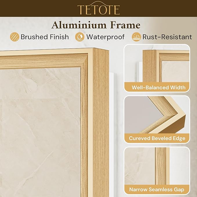 TETOTE 48 x 36 Backlit Bathroom Mirror Brushed Gold Metal Frame LED Light Vanity 3-Color White/Warm/Natural Stepless Dimmable Anti-Fog Backlight Mirror Wall-Mounted