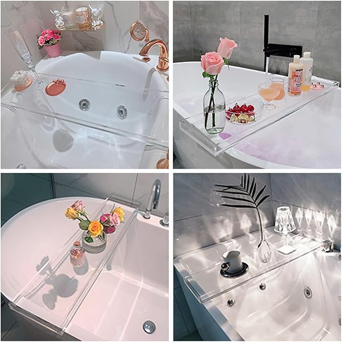 Bathtub Tray Table, Clear Acrylic, Anti-Slip Bath Caddy, (Amber, L32.3″ x W7.87″ x H1.18″)