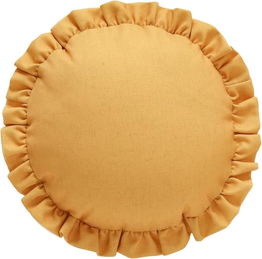 ISAENNE Classic Yellow Round Throw Pillow Cover Diameter 16", Solid Color Farmhouse Linen Cotton Decoration Pillow Cover with Ruffles, Sturdy Throw Pillow Case for Couch Sofa Bed Living Room