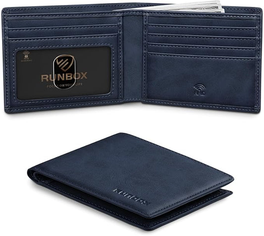 RUNBOX Wallet for Men Slim Leather Bifold RFID Blocking Minimalist Front Pocket Design with Gift Box