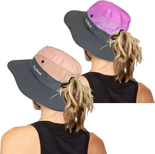 Women's Outdoor UV-Protection-Foldable Sun-Hats Mesh Wide-Brim Beach Fishing Hat with Ponytail-Hole