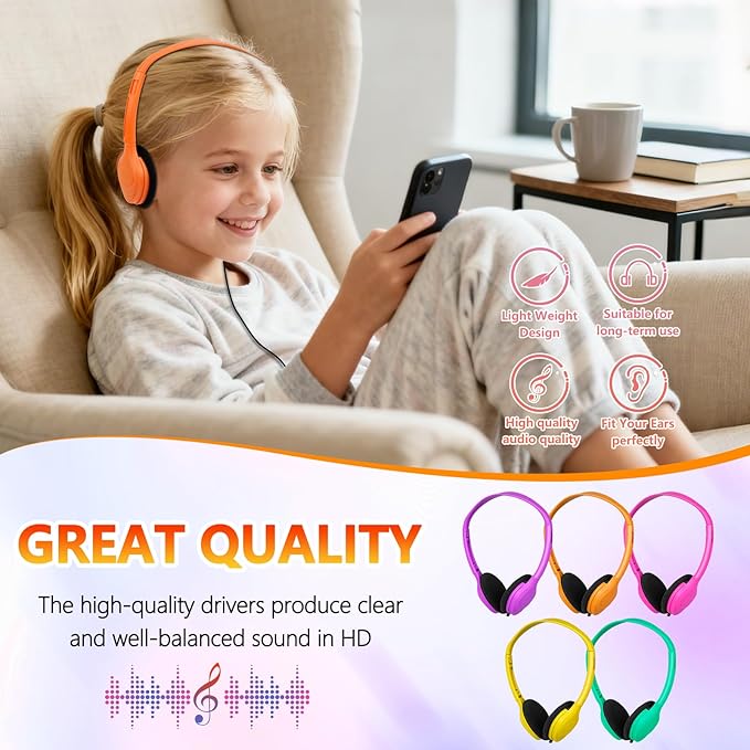 Kids Headphones Bulk 30 Pack for School Classroom Student Children Boys Girls Teen Computer Class Set of Headphones for Students Multi Color