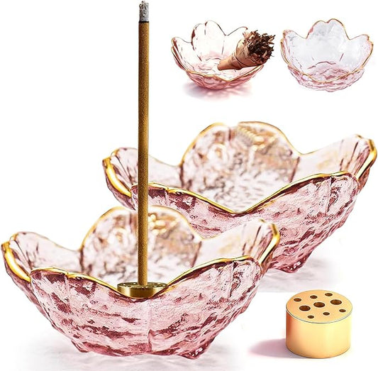Incense Holder for Sticks and Backflow Incense Handmade Glass Cherry Blossom Incense Stick Holder with 9 Incenses Holes (2 Pcs Plum Blossom with Gilt-Edged)