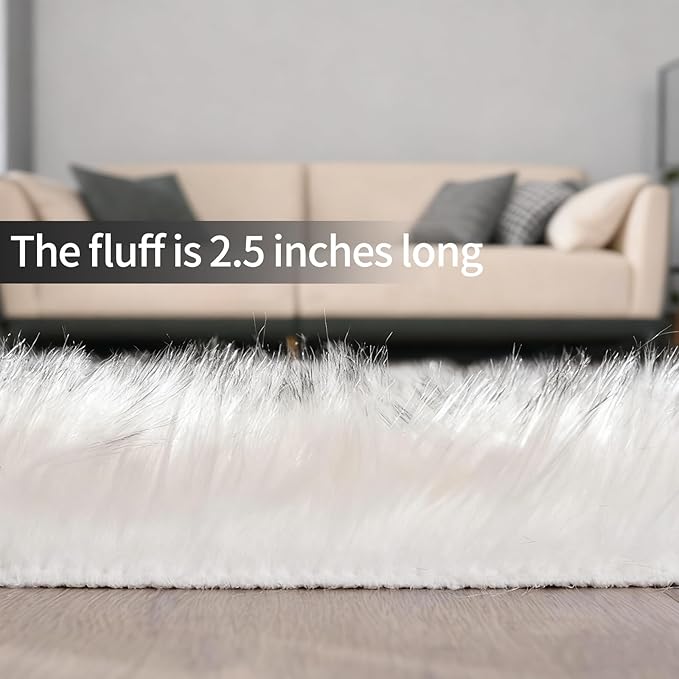 Samll Faux Fur Sheepskin Area Rug for Living Room Bedroom, White with Grey Tips, 2 x 3 Feet Ultra Soft Shaggy Fuzzy Furry Carpet Chair Throw Rugs for Kids, Girls, Nursery Room Decor Dorms