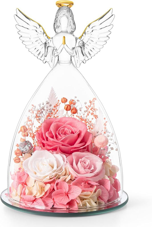 Valentines Day Roses Gifts for Women,Preserved Real Flowers Roses in Glass Angel Figurines,Valentines Day Gifts for Women Mom Wife Girlfriend./Pink