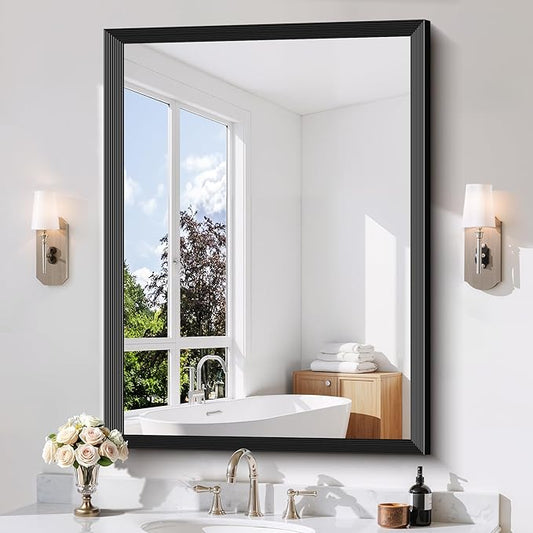 Black Bathroom Mirror 36 x 48 Inch Rectangle Wave Beveled Frame for Wall Bathroom Vanity Mirror for Over Sink, Tempered Glass,for Entryway Hangs, Bathroom Living Room Horizontal or Vertical