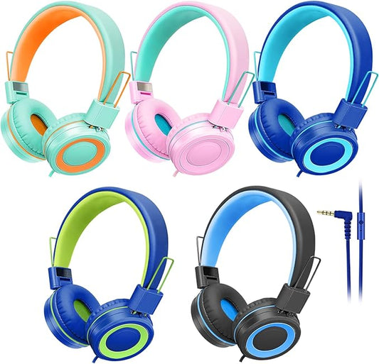 CN-Outlet 5 Pack Kids Headphones Bulk for School Classroom Students Teens Toddler, Wired Adjustable Headsets for Libraries Families Childern and Adults (Mixed Colors with MIC)