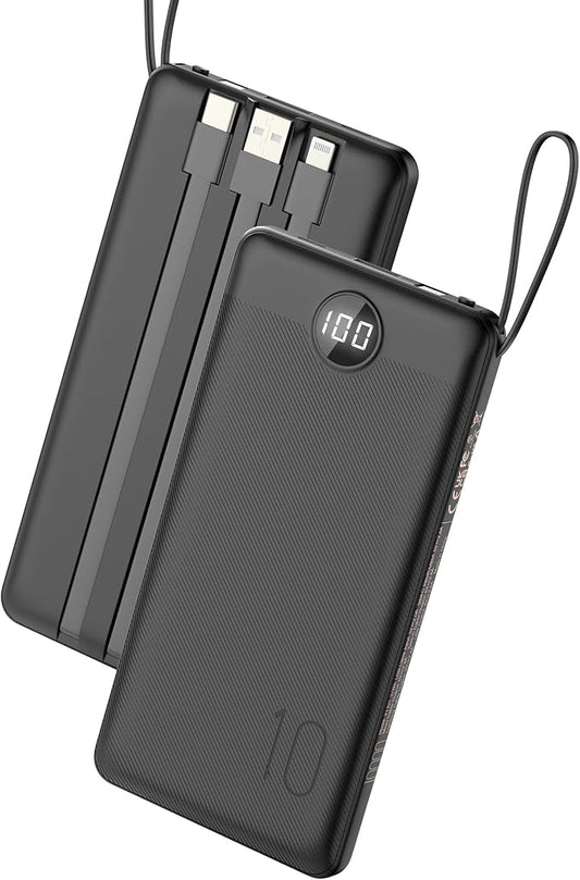 VEEKTOMX Portable Charger Built-in Cables, 10000mAh Power Bank for iPhone, Fast Charge USB C Battery Pack Travel Essentials Powerbank Compatible with iPhone 17/16/15/14, Samsung S25/24, Android, etc