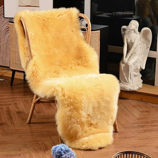 LLB Genuine Sheepskin Area Rug Wool Rug Fur Carpet Fluffy Shaggy Fur Rug for Living Room Kids Bedroom Real Sheepskin Throw Lambskin Rugs Sofa Mat Chair Seat Covers (Yellow, 2 x 6 ft Sheepskin)