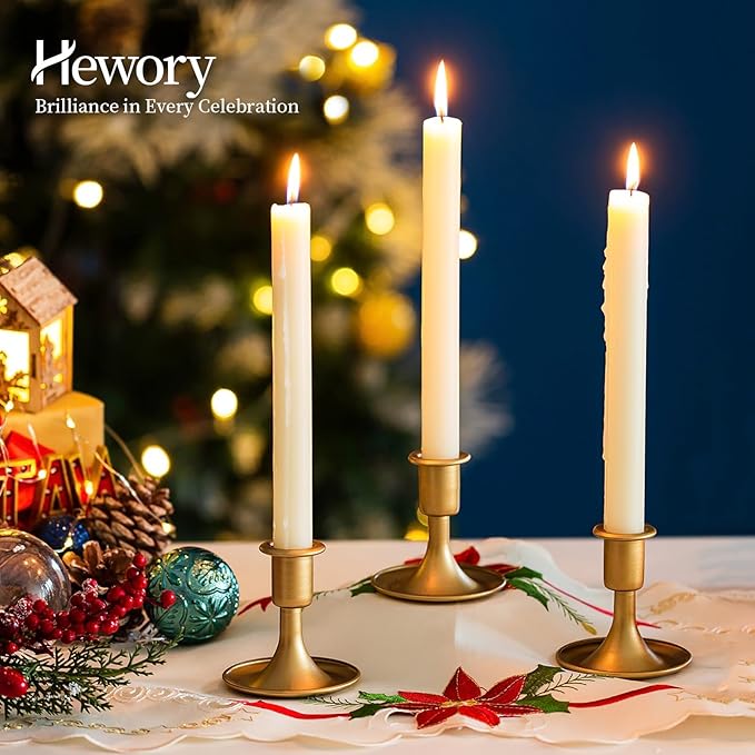 Gold Taper Candle Holder Set of 12, Hewory Short Skinny Brass Candlestick Holders, Vintage Small Low Metal Candles Sticks for Wedding Centerpieces Christmas Birthday Party Holiday Dinning Table Decor