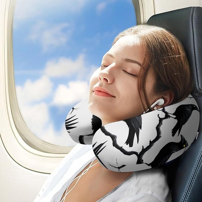 Kids Washable U-Shaped Travel Pillow Neck Support, Black Crow Raven Bird On Tree Branch Camo U-Shape, Airplane Car Nap Chin Cushion