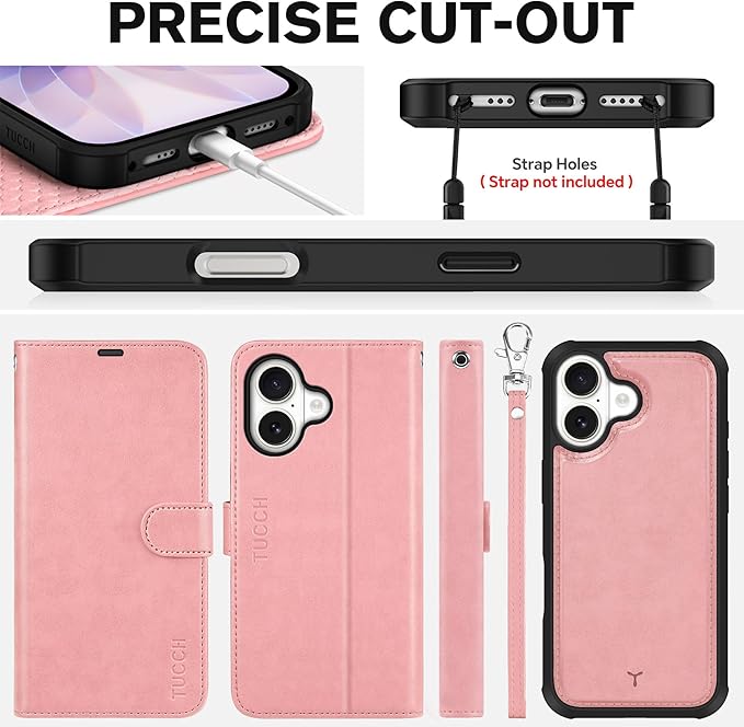 TUCCH 2-in-1 Detachable Wallet Case for iPhone 17 (6.3-inch) 2025, RFID Blocking 4 Card Slots, Wireless Charging, Wrist Strap, Kickstand, Magnetic, PU Leather, Protective Flip Cover, Rose Gold
