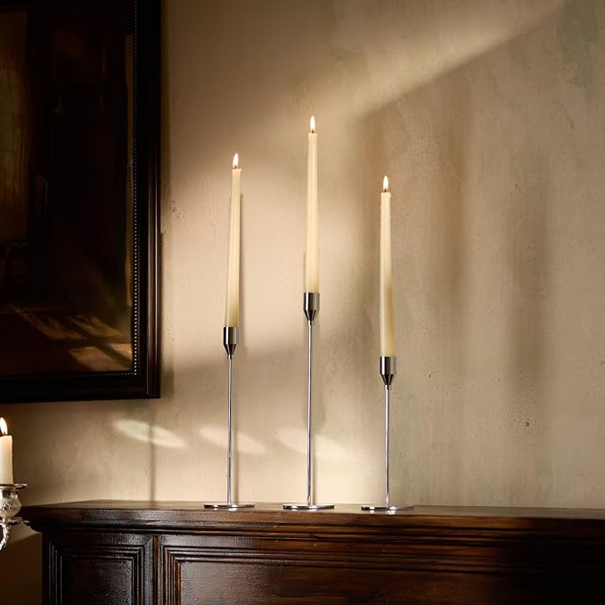 Solid Taper Candle Holders Set of 15 Bulk, Luxury Silver Long Skinny Candlestick (Heights: 9/11/13 Inch), Heavy Iron Anti-Slip Base for Fireplace Mantle Table Centerpiece Dining Decor