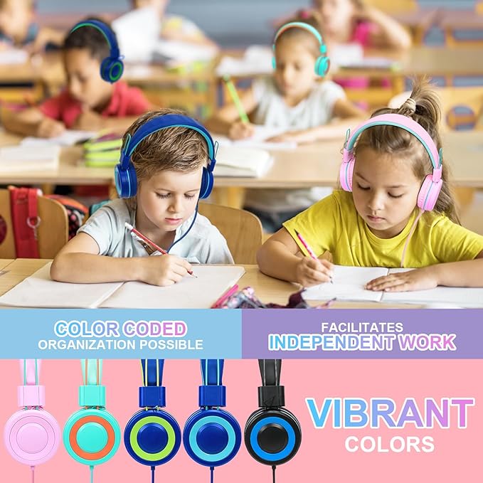 CN-Outlet 5 Pack Kids Headphones Bulk for School Classroom Students Teens Toddler, Wired Adjustable Headsets for Libraries Families Childern and Adults (Mixed Colors with MIC)