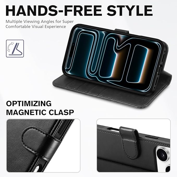 TUCCH Wallet Case for iPhone 17 Pro Max (6.9") 2025, RFID Blocking 4 Card Holders | Kickstand | Shockproof TPU Shell | PU Leather | Magnetic Closure | Protective Flip Folio Cover | Black