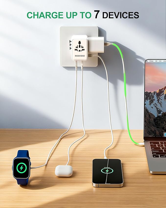35W Universal Travel Plug Adapter,7-Port PD&QC Fast Charging Power Adapter,Worldwide Outlet Wall Charger for USA/EU/UK/AUS Over 200 Countries-Type C/A/G/I