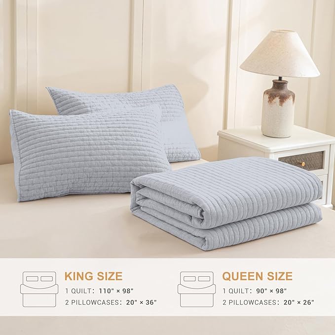 Sanracie Stonewashed Cotton Coverlet King Size(110"x98"), Cornflower Blue Cross Stitch Pattern Quilt Bedding Set 3Pcs Extra Soft Breathable Crinkle Quilted Bedspread Set for All Season