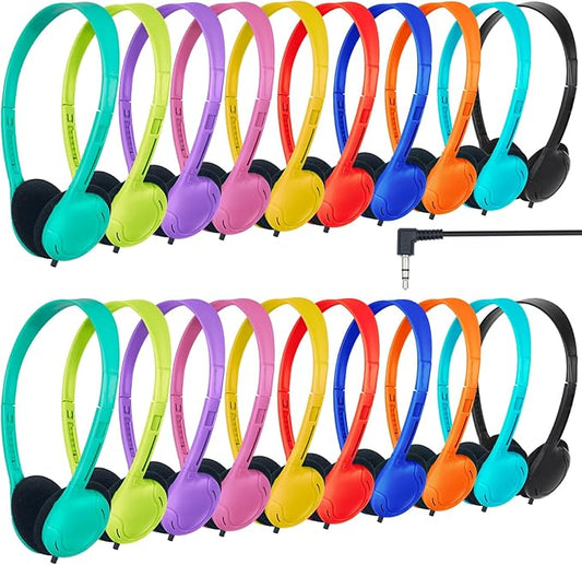 30 Pack Class Set Headphones for Students School Classroom Headphones Bulk Over The Ear Adjustable with 3.5 mm Jack for Library, Online Lesson and Testing Office,Gifts (10 Mixed Colors)