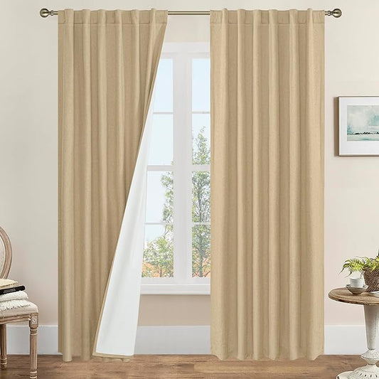 LAMIT 100% Blackout Curtains for Living Room, 95 Inches Natural Linen Textured Thermal Bedroom Curtains Back Tab and Rod Pocket Farmhouse Burlap Panels with White Liner, 2 Panels, 52 x 95 Inch
