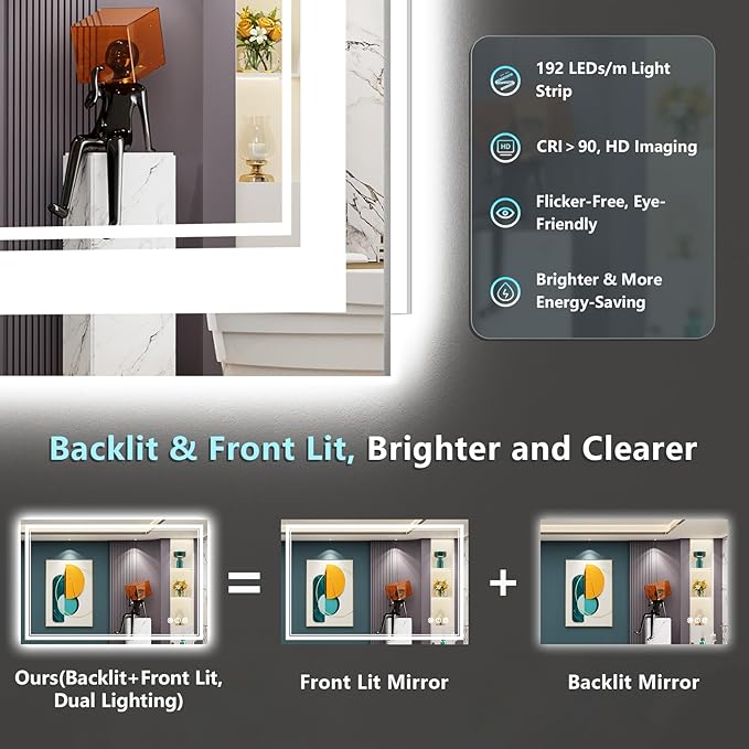 48x28 LED Bathroom Mirror with Lights, Backlit + Front Lit, Anti-Fog Lighted Vanity Mirror for Bathroom Wall, 3 Colors, Dimmable, Memory, HD Tempered Glass, Shatter-Proof, CRI>90, ETL Listed