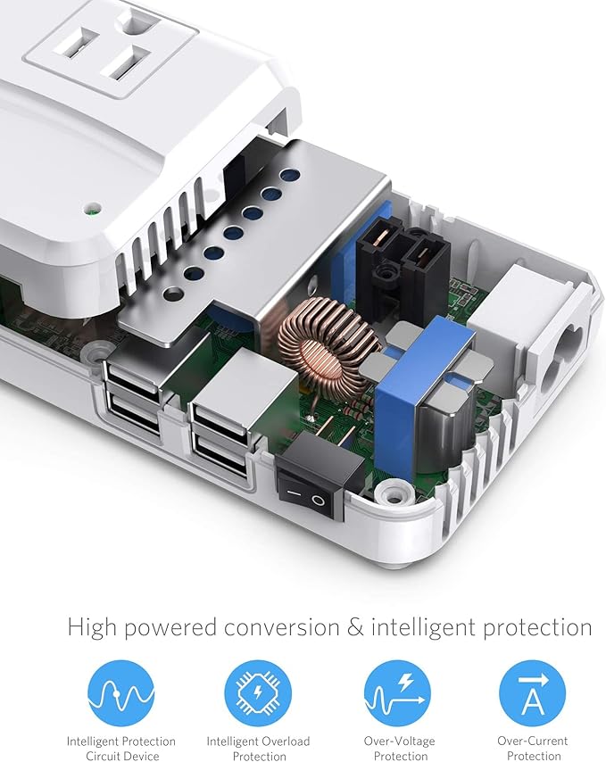 BESTEK Universal Travel Adapter 220V to 110V Voltage Converter with 6A 4-Port USB Charging and UK/AU/US/EU Worldwide Plug Adapter (White)