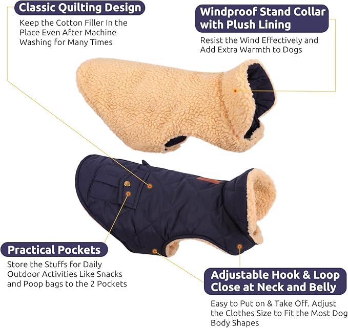 Queenmore Warm Dog Coat, Cold Weather Puffer Dog Jacket with Ultra Thick Plush Lining, Storage Pockets (Dark Navy, Medium)