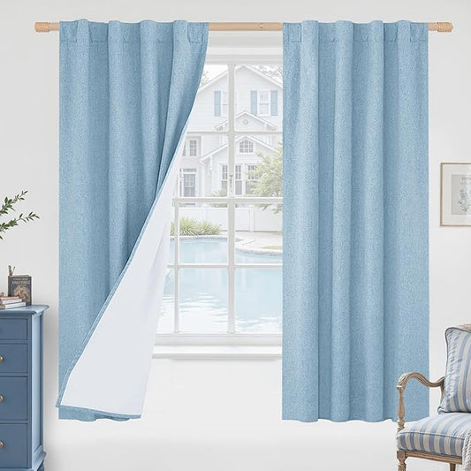 LAMIT Stone Blue 100% Blackout Linen Curtains, 63 Inches Linen Textured Thermal Bedroom Curtains Back Tab and Rod Pocket Neutral Panels with White Liner for Farmhouse, 2 Panels, 38 x 63 Inch