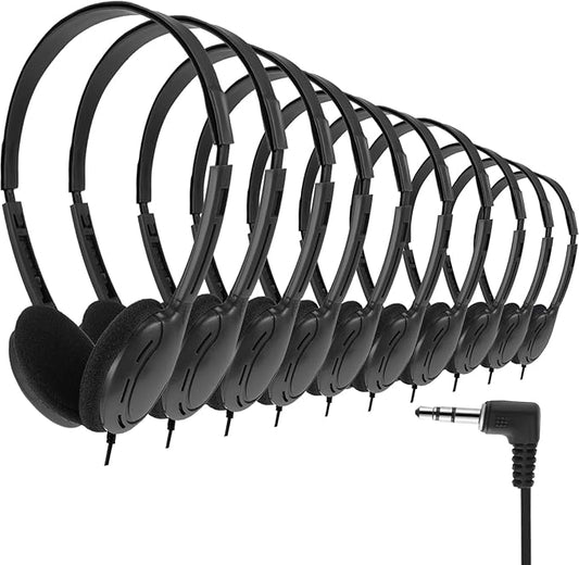 Yunsailing 10 Pack Bulk Over Ear Headphones Set On Ear Headsets Earphones with Adjustable Headband and 3.5mm Plug for Group Learning, Computer Lab, Library, Online Lesson (Black)