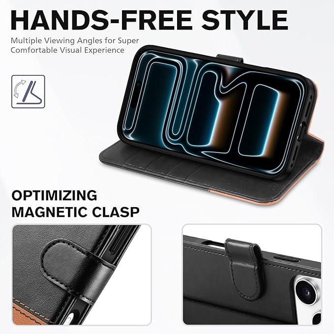 TUCCH Wallet Case for iPhone 17 Pro Max (6.9") 2025, RFID Blocking 4 Card Slots, Kickstand, Shockproof TPU Shell, PU Leather, Magnetic Closure, Protective Flip Folio Cover, Black & Brown