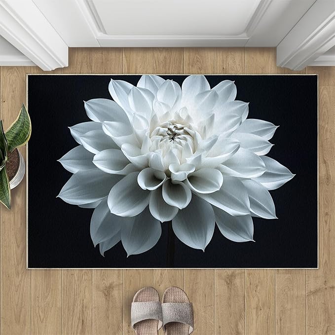 Petals Washable Area Rugs 3x5 Non-Slip Dahlia Living Room Rug White Flower Soft for Carpet Low Pile Indoor Door Mat & Room Decor
